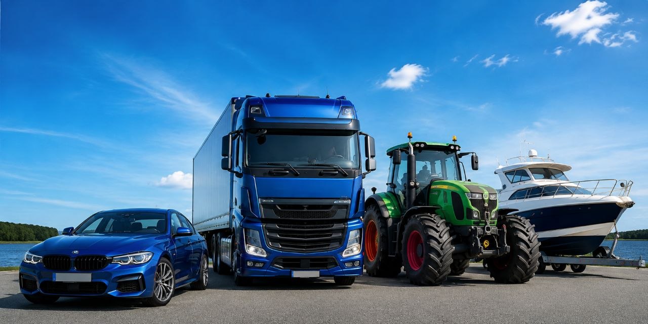 Auto, Lastkraftwagen, Traktor und Boot